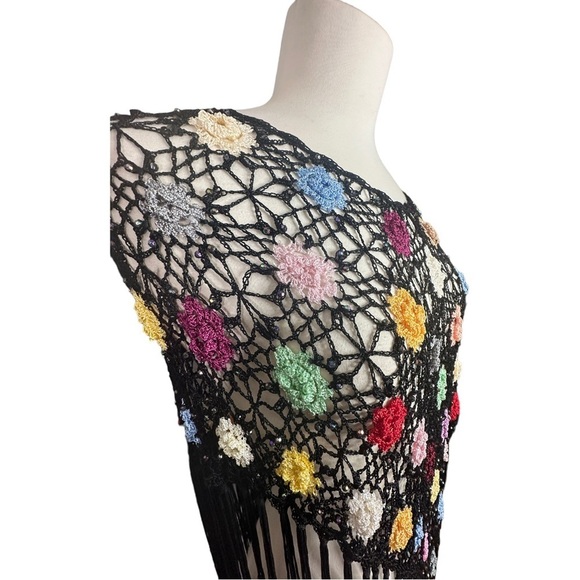 Black Boho Crochet Floral Aurora Borealis Crystal Accent Fringed Poncho - Picture 6 of 7